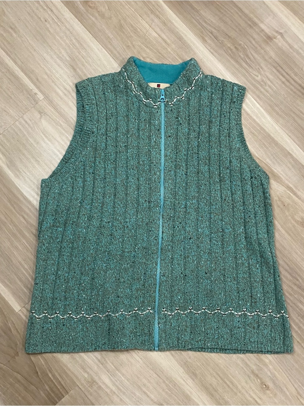 Woolrich Cable Knit Vest Womens XL Aquamarine Heather Full Zip Fleece Trim